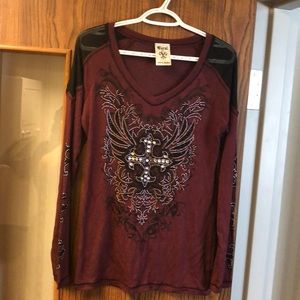 Mesh shoulder rhinestone shirt
